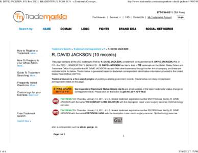 R. DAVID JACKSON, P.O. Box 20131, BRADENTON FLa Trademark Correspondent