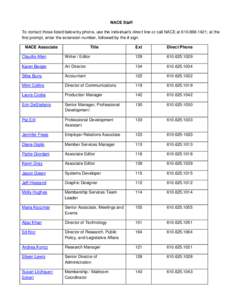 NACE Staff To contact those listed below by phone, use the individual’s direct line or call NACE at[removed]; at the first prompt, enter the extension number, followed by the # sign. NACE Associate  Title