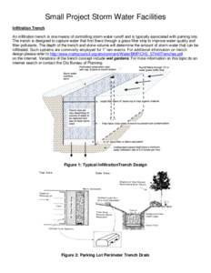 Small Project Storm Water Facilities Infiltration Trench An infiltration trench is one means of controlling storm water runoff and is typically associated with parking lots. The trench is designed to capture water that f