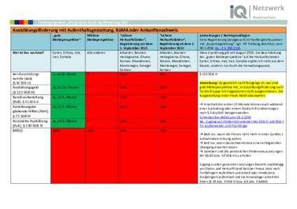 Förderprogramm „Integration durch Qualifizierung (IQ)“  Ausbildungsförderung mit Aufenthaltsgestattung, BüMA oder Ankunftsnachweis „gute Bleibeperspektive“