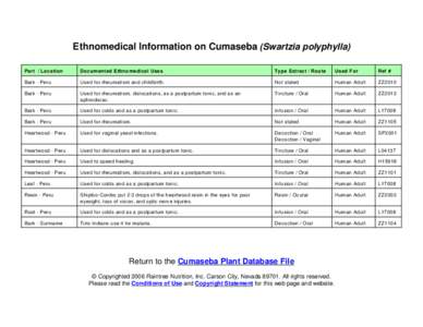 Ethnomedical Information on Cumaseba (Swartzia polyphylla) Part / Location Docum ented Ethnomedical Uses  Type Extract / Rou te