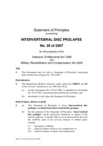 Statement of Principles concerning INTERVERTEBRAL DISC PROLAPSE No. 39 of 2007 for the purposes of the