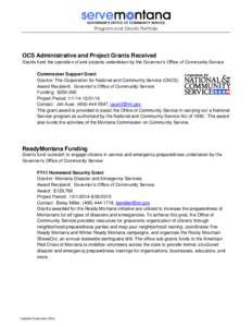 Program and Grants Portfolio  OCS Administrative and Project Grants Received Grants fund the operation of and projects undertaken by the Governor’s Office of Community Service Commission Support Grant Grantor: The Corp