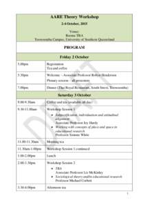 AARE Theory Workshop 2-4 October, 2015 Venue: Rooms TBA Toowoomba Campus, University of Southern Queensland