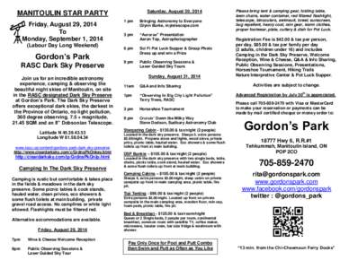 Saturday, August 30, 2014  MANITOULIN STAR PARTY Friday, August 29, 2014 To Monday, September 1, 2014