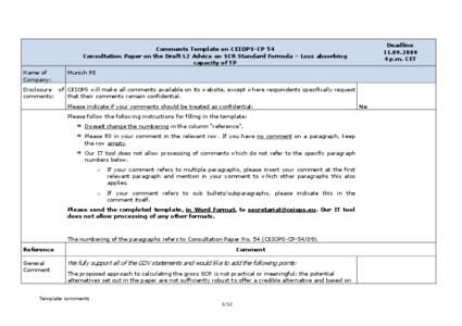 Deadline[removed]p.m. CET Comments Template on CEIOPS-CP 54 Consultation Paper on the Draft L2 Advice on SCR Standard Formula – Loss absorbing