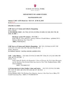 DEPARTMENT OF LABOR STUDIES MASTER BOOK LIST Summer IBook List MAY 18 – JUNE 24, 2015 As ofONLINE CLASSES L100 Survey of Unions and Collective Bargaining