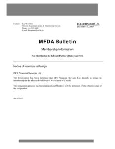 Notice of Intention to Resign Bulletin #0287-M - QFS Financial Services Ltd.