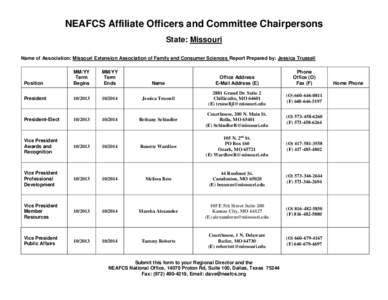 NEAFCS Affiliate Officers and Committee Chairpersons State: Missouri Name of Association: Missouri Extension Association of Family and Consumer Sciences Report Prepared by: Jessica Trussell Position