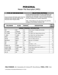PERSONAL  Master File Description (MFD) TYPE OF INFORMATION  SELECTION CRITERIA
