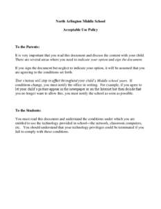 North Arlington Middle School Acceptable Use Policy To the Parents: It is very important that you read this document and discuss the content with your child. There are several areas where you need to indicate your option