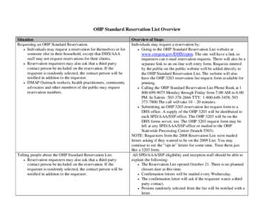 OHP Standard Reservation List Overview Situation Requesting an OHP Standard Reservation. • Individuals may request a reservation for themselves or for someone else in their household, except that DHS/AAA staff may not 