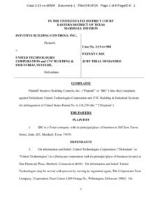 Case 2:15-cvDocument 1 FiledPage 1 of 8 PageID #: 1  IN THE UNITED STATES DISTRICT COURT EASTERN DISTRICT OF TEXAS MARSHALL DIVISION INTUITIVE BUILDING CONTROLS, INC.,