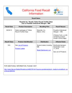 California Food Recall Information Recall Name Wyandot Inc. Recalls Yellow Round Tortilla Chips Due to Possible Undeclared Allergen - Milk Recall Date