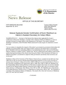 OFFICE OF THE SECRETARY FOR IMMEDIATE RELEASE September 22, 2012 Contact: Blake Androff (DOI[removed]