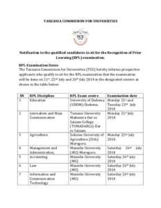 TANZANIA COMMISSION FOR UNIVERSITIES  Notification to the qualified candidates to sit for the Recognition of Prior Learning (RPL) examination. RPL Examination Dates The Tanzania Commission for Universities (TCU) hereby i