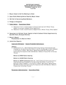 MAYOR AND COUNCIL REGULAR MEETING AGENDA THURSDAY JUNE 26, 2014 7:30 P.M.  1. Mayor Alessi to Call the Meeting to Order