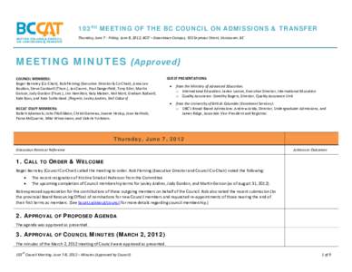 103RD MEETING OF THE BC COUNCIL ON ADMISSIONS & TRANSFER Thursday, June 7 - Friday, June 8, 2012; BCIT – Downtown Campus, 555 Seymour Street, Vancouver, BC MEETING MINUTES (Approved) COUNCIL MEMBERS: Roger Barnsley (Co