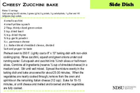 Cheesy Zucchini bake Makes 12 servings. Each serving has 60 calories, 3 grams (g) fat, 5 g protein, 3 g carbohydrate, 1 g fiber and 140 milligrams (mg) sodium.  4 small zucchini