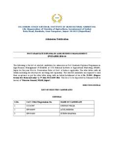 CH.CHARAN SINGH NATIONAL INSTITUTE OF AGRICULTURAL MARKETING (An Organization of Ministry of Agriculture, Government of India) Kota Road, Bambala, Near Sanganer, Jaipur[removed]Rajasthan) Admission Notification