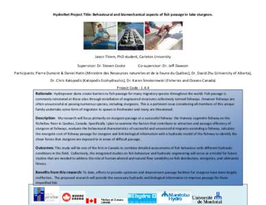 HydroNet Project Title: Behavioural and biomechanical aspects of fish passage in lake sturgeon.  Jason Thiem, PhD student, Carleton University Supervisor: Dr. Steven Cooke  Co-supervisor: Dr. Jeff Dawson