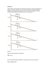 Problema 4. Cuatro cuerpos, uno de 40 kg, otro de 45 kg, otro de 50 kg y otro de 55 kg de masa se dejan caer de forma simultánea por cuatro planos inclinados de idéntica longitud y pendiente. La altura de todos los pla