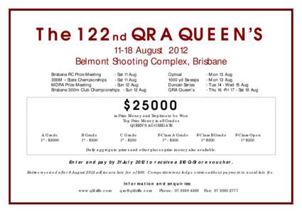 The 122nd QRA QUEEN’S[removed]August 2012 Belmont Shooting Complex, Brisbane Brisbane RC Prize Meeting - Sat 11 Aug 300M – State Championships