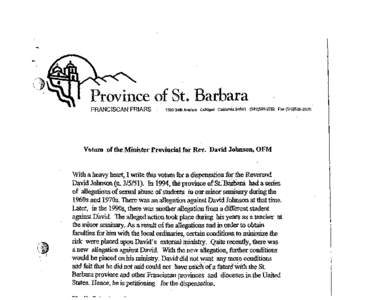 Province of St. Barbara FRANCISCAN FRIARS Fax[removed]Votum of the Minister Provincial for Rev. David Johnson, OFM