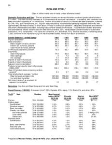 86  IRON AND STEEL1 (Data in million metric tons of metal, unless otherwise noted) Domestic Production and Use: The iron and steel industry and ferrous foundries produced goods valued at about $73 billion. The steel indu