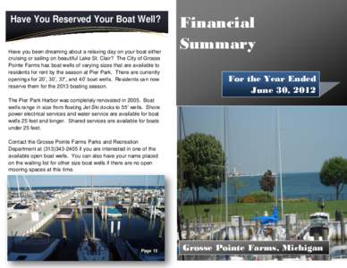 Have You Reserved Your Boat Well?  Have you been dreaming about a relaxing day on your boat either cruising or sailing on beautiful Lake St. Clair? The City of Grosse Pointe Farms has boat wells of varying sizes that are