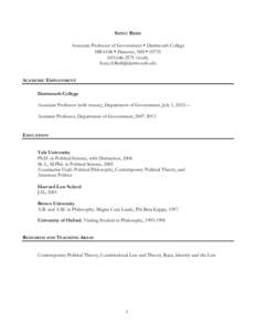 SONU BEDI Associate Professor of Government • Dartmouth College HB 6108 • Hanover, NH • [removed]2575 (work) [removed] ACADEMIC EMPLOYMENT