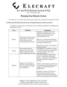 K3 and K3S Remote System FAQ Rev 1.2 November 2015 Planning Your Remote System Note: References to the Elecraft K3S transceiver apply to the original K3 throughout this FAQ Q: What does Elecraft mean by the terms, Termin