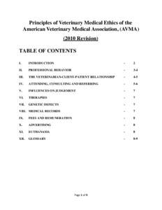 Principles of Veterinary Medical Ethics of the American Veterinary Medical Association, (AVMARevision) TABLE OF CONTENTS I.