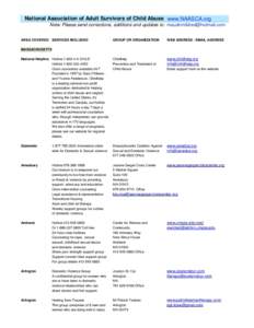 National Association of Adult Survivors of Child Abuse www.NAASCA.org Note: Please send corrections, additions and updates to:  AREA COVERED SERVICES INCLUDED GROUP OR ORGANIZATION