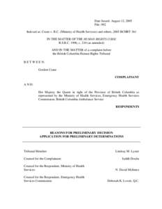 Crane and others v. Her Majesty the Queen in right of the Province of British Columbia as represented by the Ministry of Health Services and Emergency Health Services Commission, British Columbia Ambulance Service, 2005 