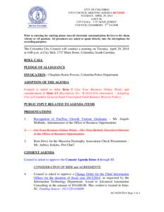 CITY OF COLUMBIA CITY COUNCIL MEETING AGENDA REVISED TUESDAY, APRIL 29, 2014 6:00 P.M. CITY HALL[removed]MAIN STREET COUNCIL CHAMBERS - 3RD FLOOR