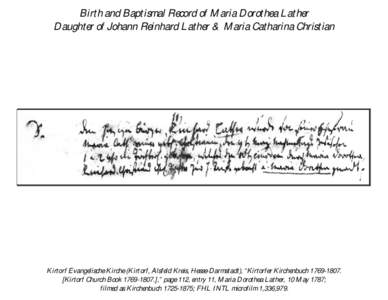 Birth and Baptismal Record of Maria Dorothea Lather Daughter of Johann Reinhard Lather & Maria Catharina Christian    