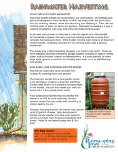 Rainwater Harvesting What can we do with rainwater? Rainwater is often treated like wastewater in our communities. Our rooftops and yards are designed to shed rainwater runoff to the street, down the storm drain, 