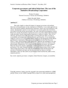 Journal of Academic and Business Ethics, Volume 9 – December, 2014  Corporate governance and ethical behaviour: The case of the Zimbabwe Broadcasting Corporation Promise Zvavahera National University of Science and Tec