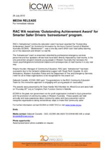 26 JulyMEDIA RELEASE For immediate release  RAC WA receives ‘Outstanding Achievement Award’ for