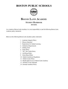 BOSTON PUBLIC SCHOOLS    BOSTON LATIN ACADEMY  STUDENT HANDBOOK  2015­2016 