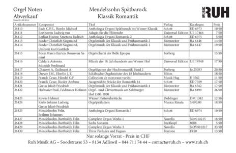 Orgel Noten Abverkauf Mendelssohn Spätbarock Klassik Romantik