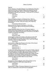 Table of Contents Agenda Public Hearing to Consider Adoption of an Ordinance of the City Council of the City of Fountain Valley Amending the Fountain Valley Municipal Code, Title 21, Pertaining to Cottage Food Operations