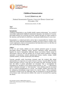 Childhood Immunization LANCE E. RODEWALD, MD National Immunization Program, Centers for Disease Control and Prevention, USA (Published online October 19, 2005)