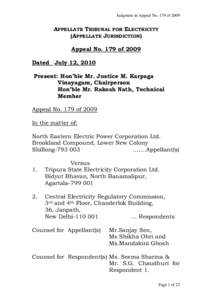 Judgment in Appeal No. 179 of[removed]APPELLATE TRIBUNAL FOR ELECTRICITY (APPELLATE JURISDICTION) Appeal No. 179 of 2009 Dated July 12, 2010