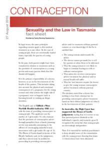 27 August[removed]CONTRACEPTION Sexuality and the Law in Tasmania fact sheet Provided by Family Planning Tasmania Inc.