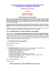 REGULAR MEETING OF THE BOARD OF DIRECTORS OF THE FLORIN RESOURCE CONSERVATION DISTRICT Wednesday, April 24, 2013 6:30 PM 8820 Elk Grove Blvd. Elk Grove, CA 95624