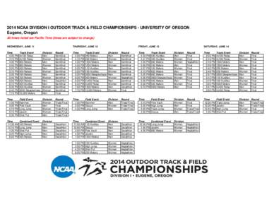 2014 NCAA DIVISION I OUTDOOR TRACK & FIELD CHAMPIONSHIPS - UNIVERSITY OF OREGON Eugene, Oregon All times noted are Pacific Time (times are subject to change) WEDNESDAY, JUNE 11  THURSDAY, JUNE 12