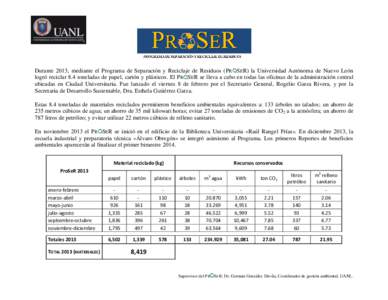 Durante 2013, mediante el Programa de Separación y Reciclaje de Residuos (PR SER) la Universidad Autónoma de Nuevo León logró reciclar 8.4 toneladas de papel, cartón y plásticos. El PR SER se lleva a cabo en todas 