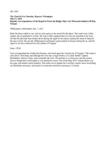 July 1861 The Fond du Lac Saturday Reporter Newspaper July 13, 1861 Regular Correspondence of the Reporter From the Badger Boys (1st Wisconsin Infantry-90 Day Troops) Williamsport, (Maryland), July 1, 1861